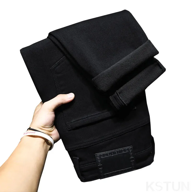 2024 Autumn and Winter Black Jeans Men Thicken Denim Pants Stretch Casual Slim Straight Regular Fit Men's Trousers Streetwear