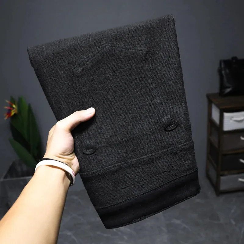 2024 Autumn and Winter Black Jeans Men Thicken Denim Pants Stretch Casual Slim Straight Regular Fit Men's Trousers Streetwear