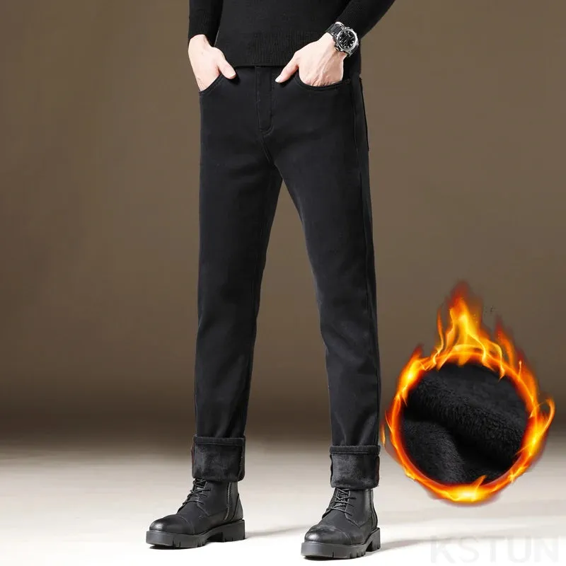 2024 Winter Black Jeans Men Warm Thicken Denim Pants With Fleece Slim Straight Regular Fit Stretch Casual Men's Trousers Clothes