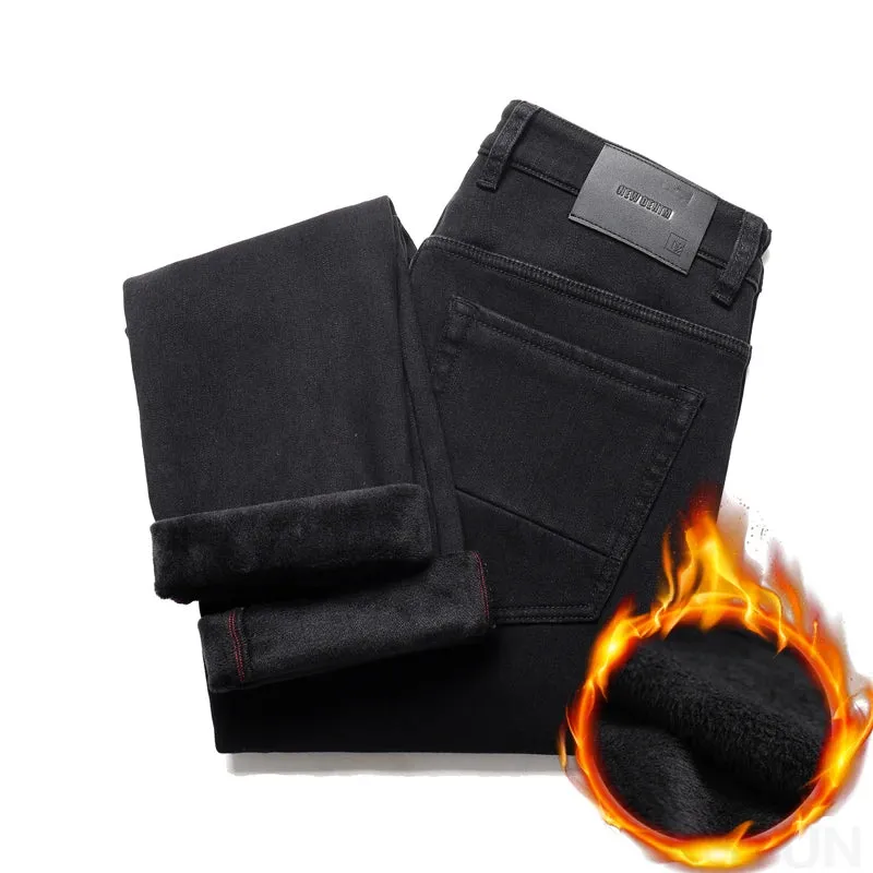 2024 Winter Black Jeans Men Warm Thicken Denim Pants With Fleece Slim Straight Regular Fit Stretch Casual Men's Trousers Clothes