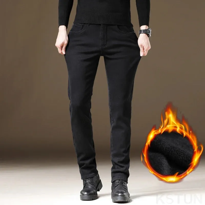 2024 Winter Black Jeans Men Warm Thicken Denim Pants With Fleece Slim Straight Regular Fit Stretch Casual Men's Trousers Clothes