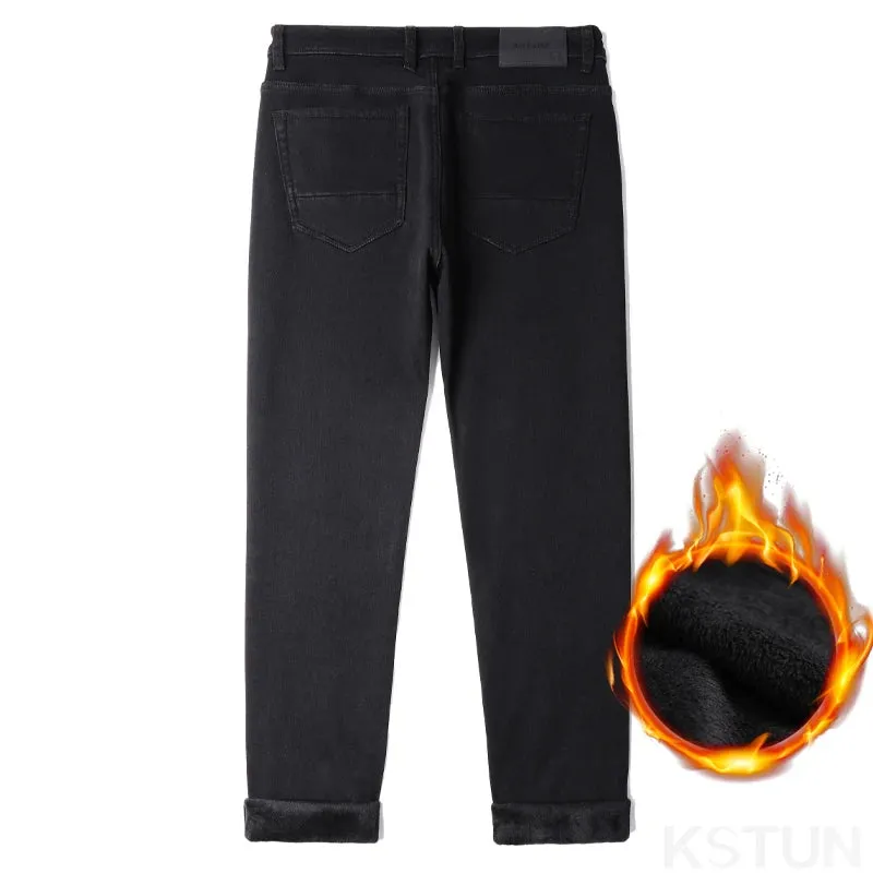 2024 Winter Black Jeans Men Warm Thicken Denim Pants With Fleece Slim Straight Regular Fit Stretch Casual Men's Trousers Clothes