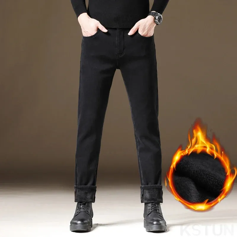 2024 Winter Black Jeans Men Warm Thicken Denim Pants With Fleece Slim Straight Regular Fit Stretch Casual Men's Trousers Clothes