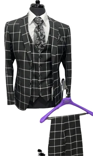 3pc Checkered Slim Fit Suit - Blk/White 3pc Checkered Slim Fit Suit - BlkWhite