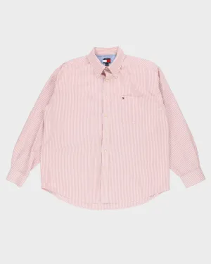 90s Tommy Hilfiger Pink / White Striped Button Up Long-Sleeve Shirt - XL