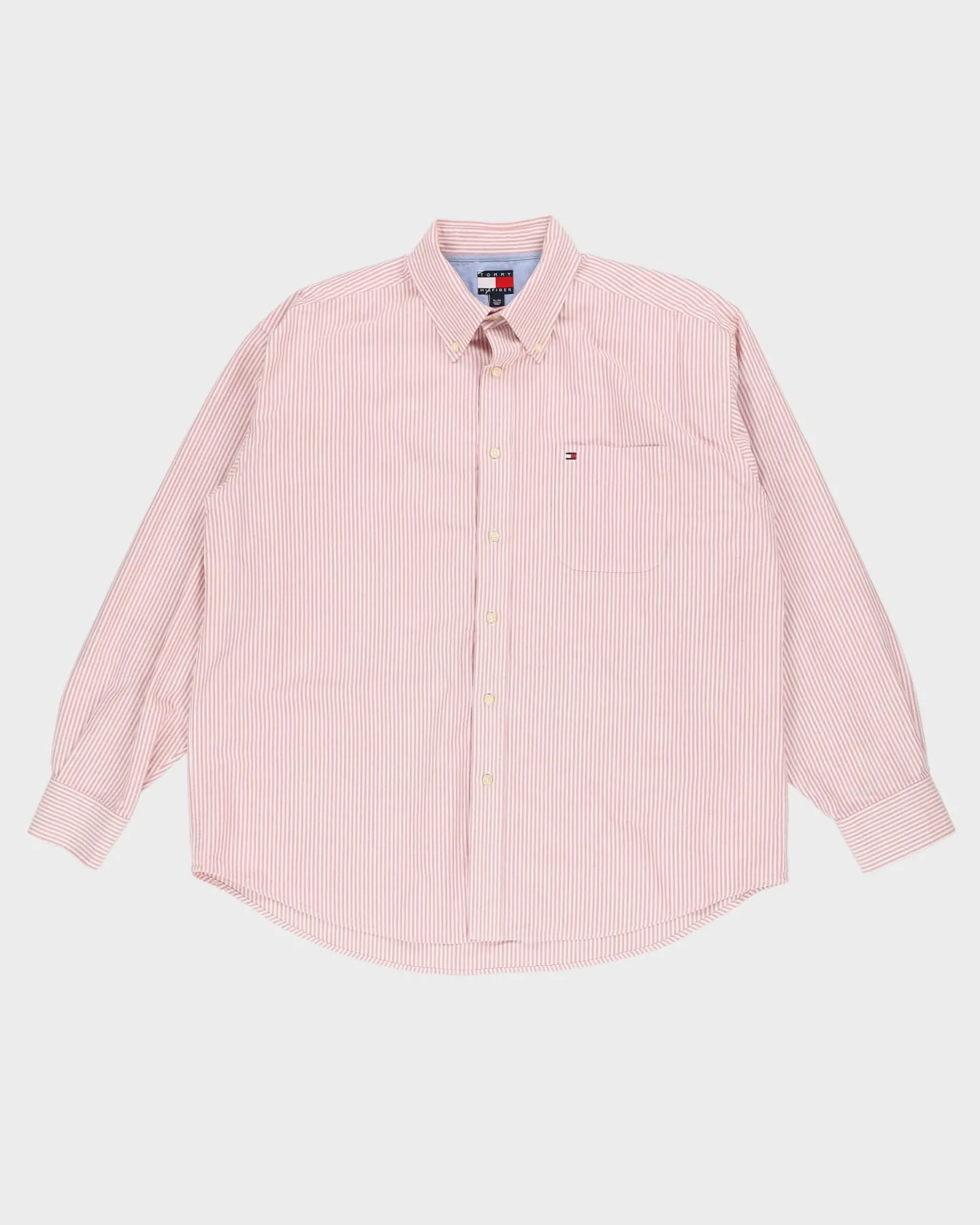 90s Tommy Hilfiger Pink / White Striped Button Up Long-Sleeve Shirt - XL
