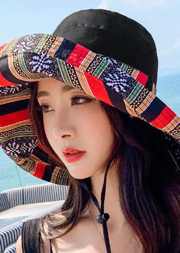 Art Black Striped Print Patchwork Cotton Bucket Hat LC0544