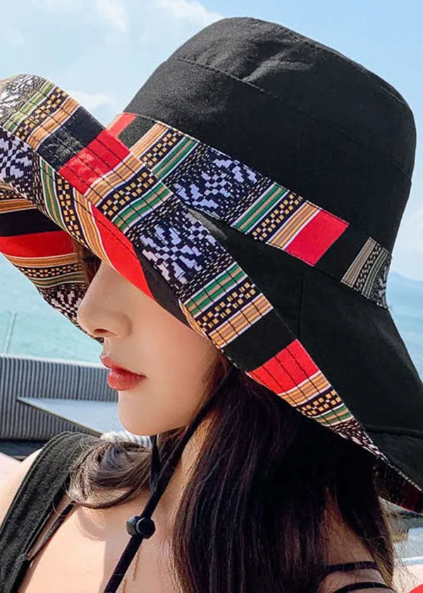 Art Black Striped Print Patchwork Cotton Bucket Hat LC0544