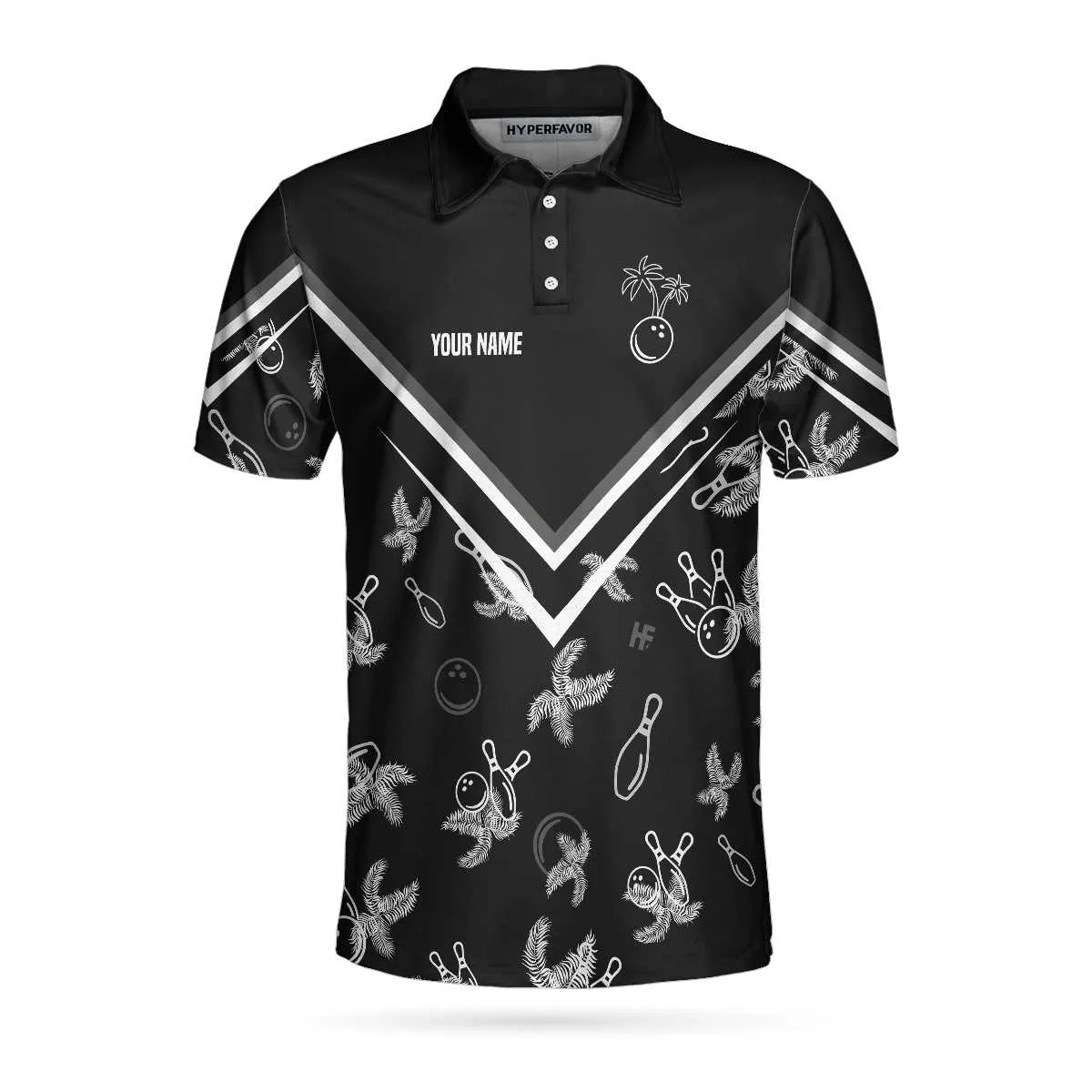 Bowling Custom Men Polo Shirt - Custom Name Monochrome Tropical Pattern, Black Bowling Personalized Polo Shirt - Perfect Gift For Friend, Family, Bowling Lovers