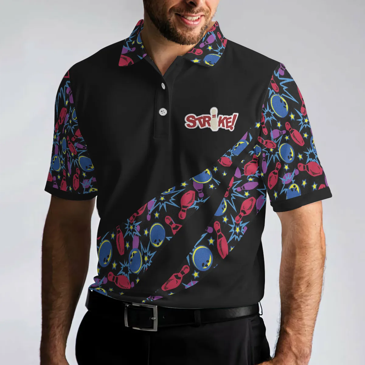Bowling Men Polo Shirt - Split Happen Polo Shirt, Bowling Ball & Pin Seamless Pattern Bowling Shirt For Men - Perfect Gift For Friend, Family, Bowling Lover