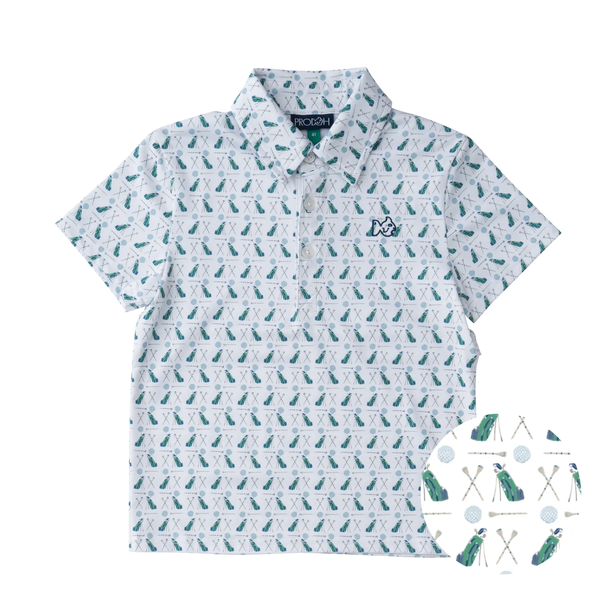 Boys Short Sleeve Pro Performance Polo in Golf Print on White