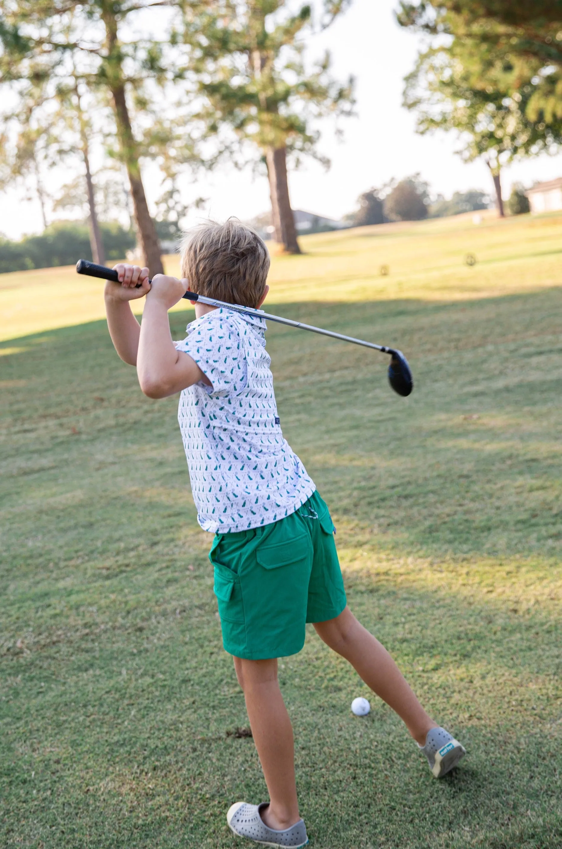 Boys Short Sleeve Pro Performance Polo in Golf Print on White