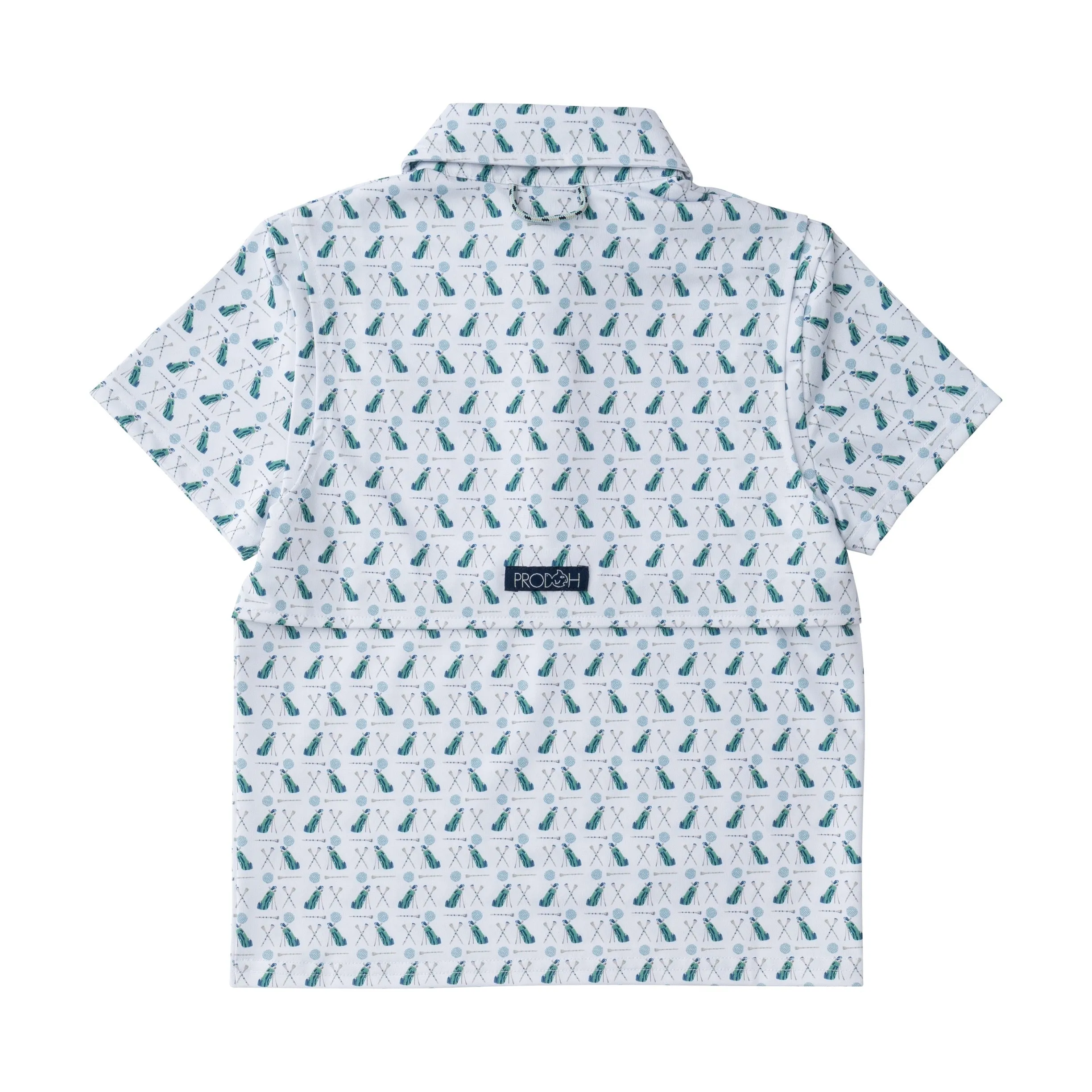 Boys Short Sleeve Pro Performance Polo in Golf Print on White