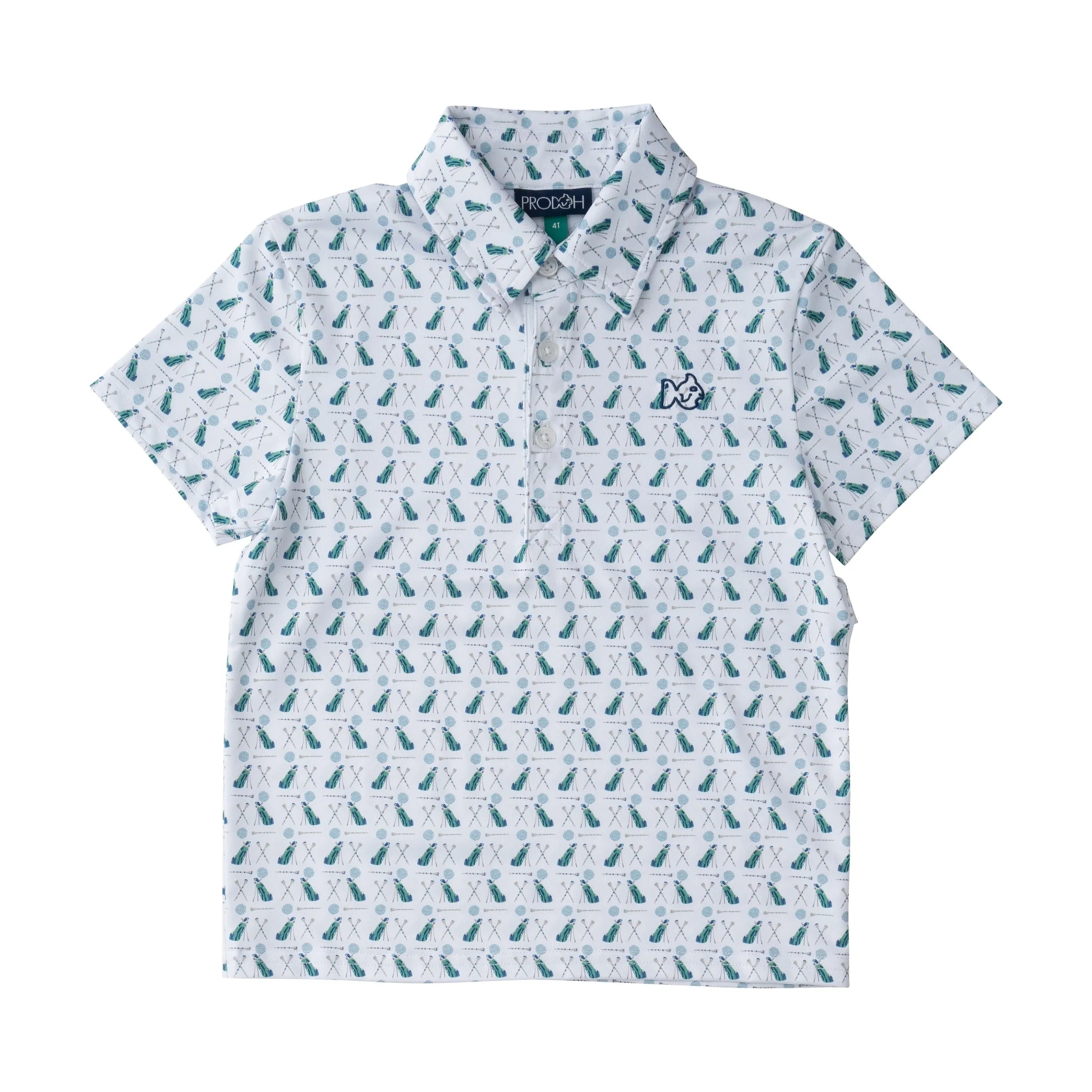 Boys Short Sleeve Pro Performance Polo in Golf Print on White