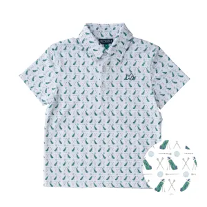 Boys Short Sleeve Pro Performance Polo in Golf Print on White