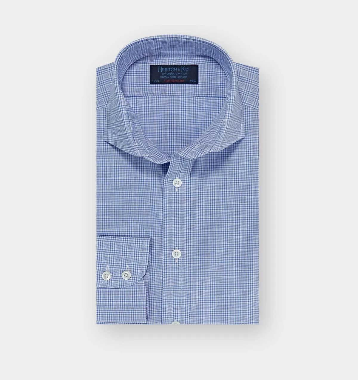 Contemporary Fit, Cutaway Collar, 2 Button Cuff Shirt in Light Blue POW Check