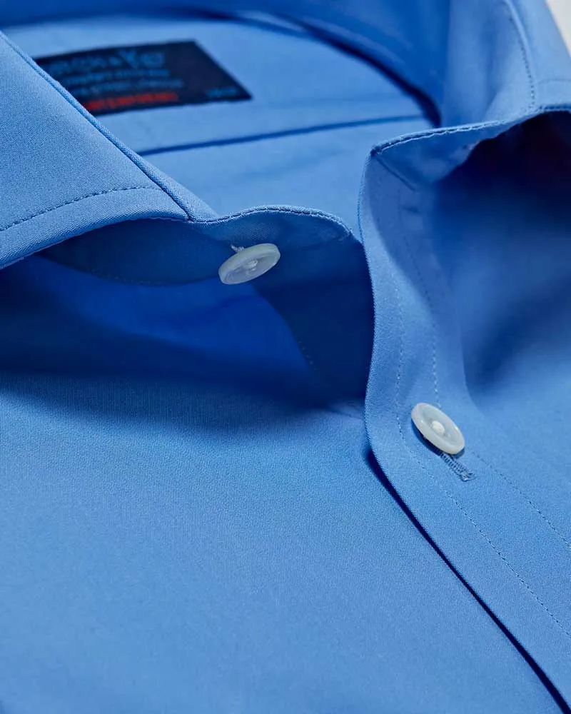 Contemporary Fit Plain Deep Blue Cotton Poplin Shirt with Cut-away Collar & Two Button Cuff
