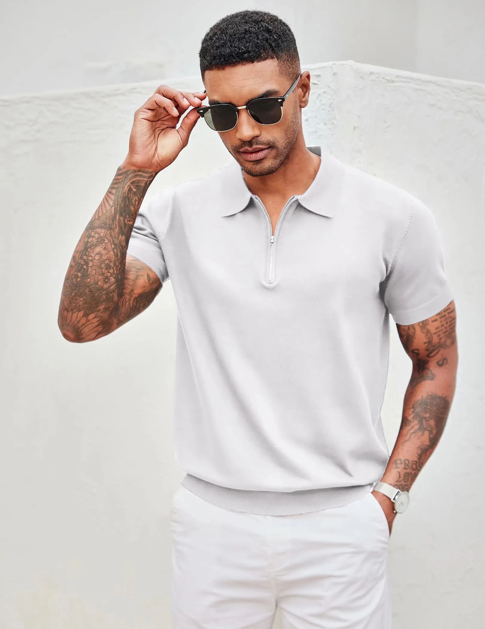 COOFANDY Mens Polo Shirts Short Sleeve Zip Up Polo Shirt Casual Knitted Polo Shirts Dress Polo Shirts for Men Summer Fashion Banded Bottom Golf Shirts