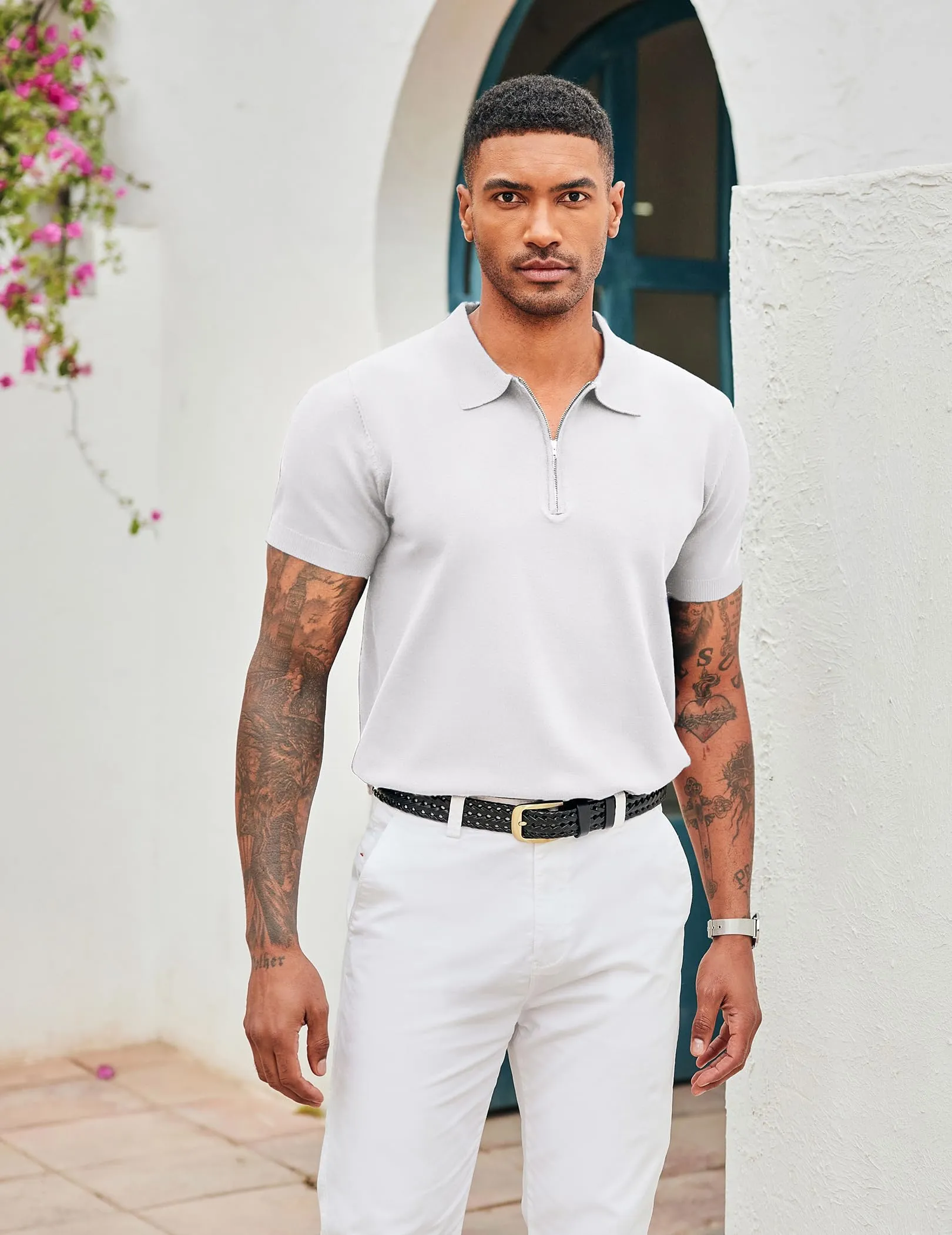 COOFANDY Mens Polo Shirts Short Sleeve Zip Up Polo Shirt Casual Knitted Polo Shirts Dress Polo Shirts for Men Summer Fashion Banded Bottom Golf Shirts