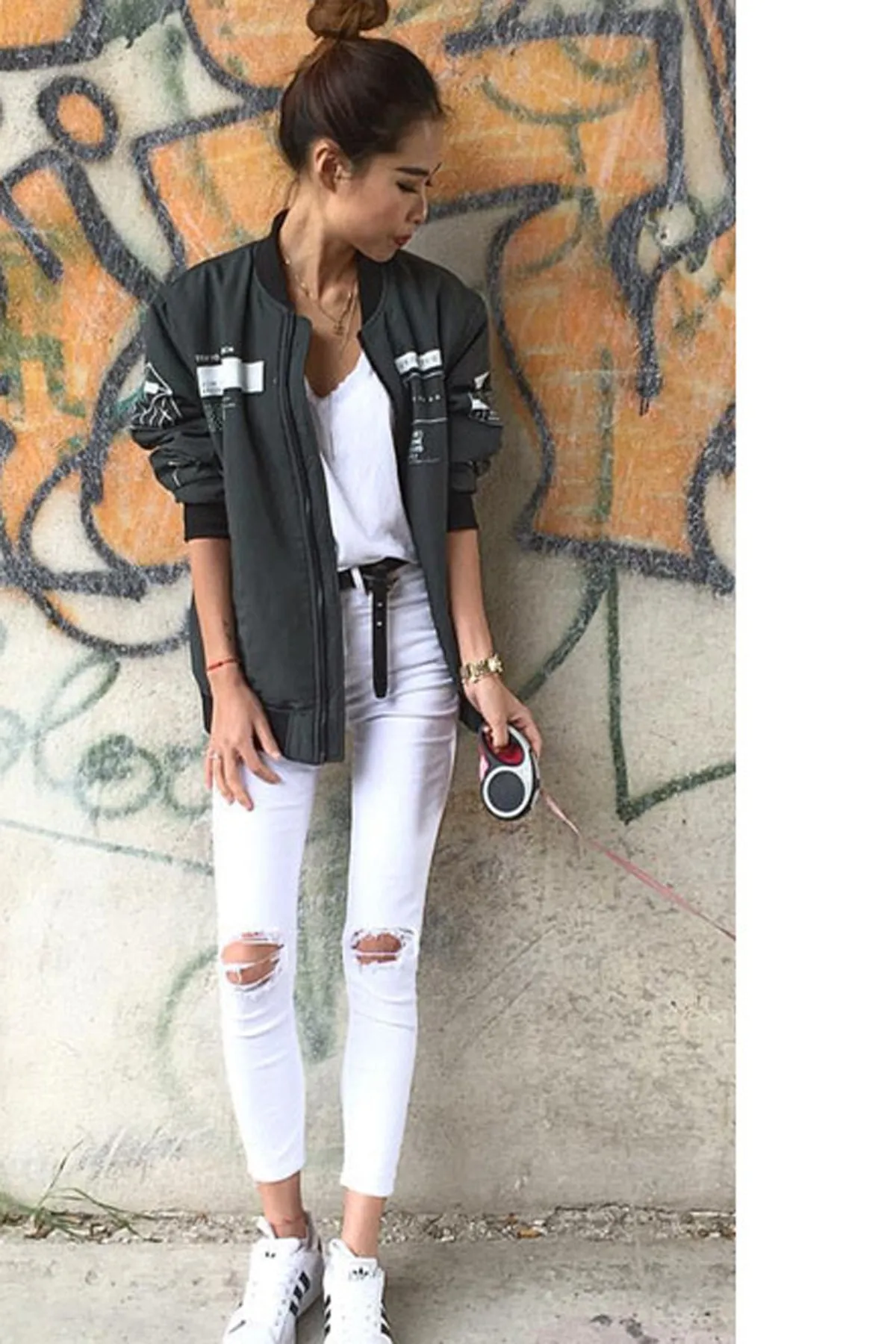 Cut Out Knee Holes Solid Color Long Skinny Pants