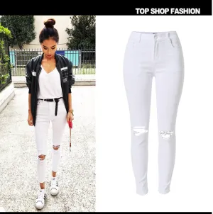 Cut Out Knee Holes Solid Color Long Skinny Pants