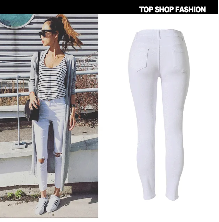 Cut Out Knee Holes Solid Color Long Skinny Pants