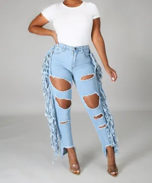 Denim Side Fringe Ripped Jeans