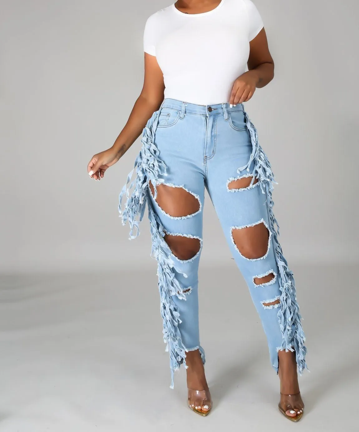 Denim Side Fringe Ripped Jeans