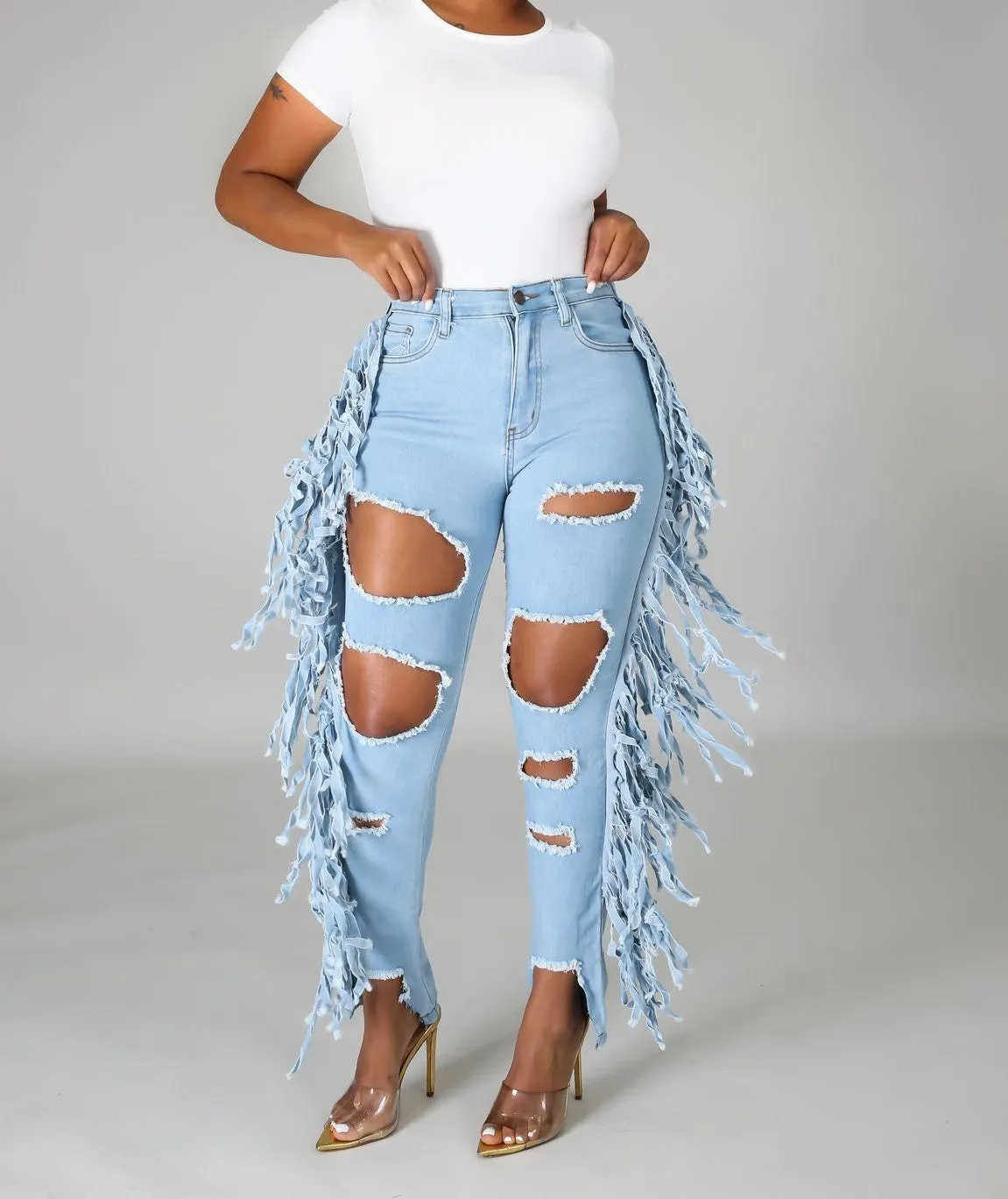 Denim Side Fringe Ripped Jeans