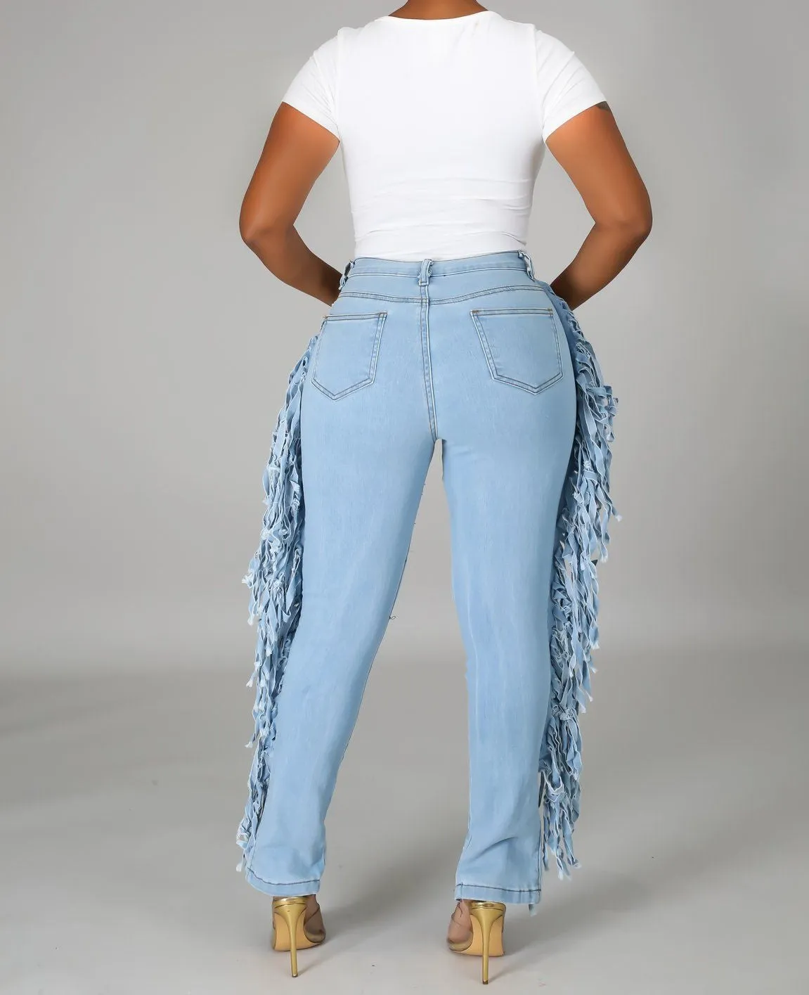 Denim Side Fringe Ripped Jeans