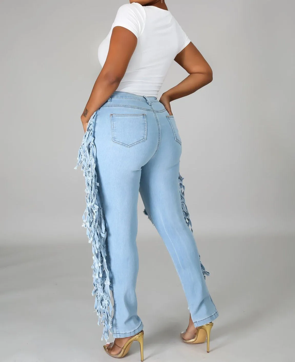Denim Side Fringe Ripped Jeans