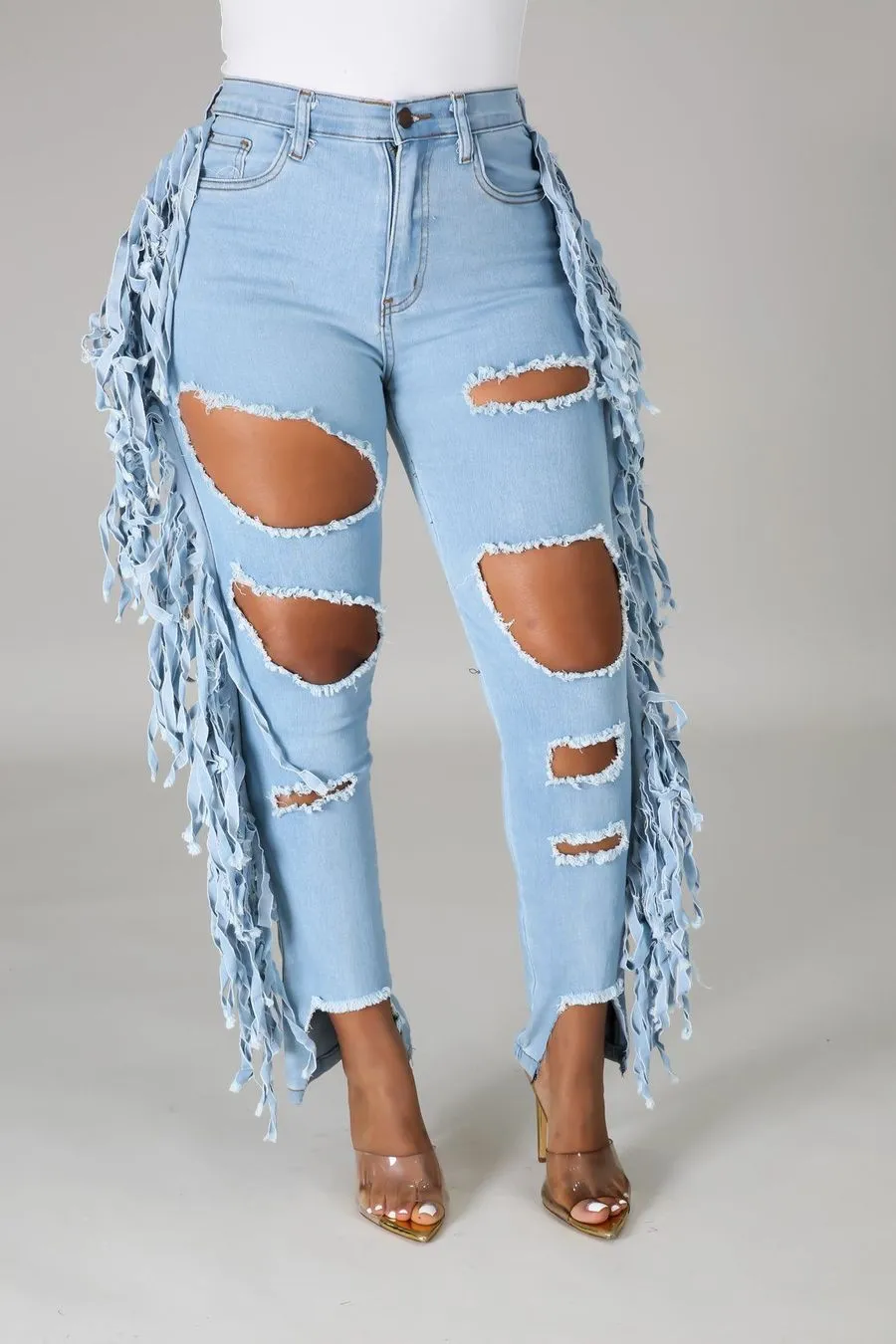 Denim Side Fringe Ripped Jeans