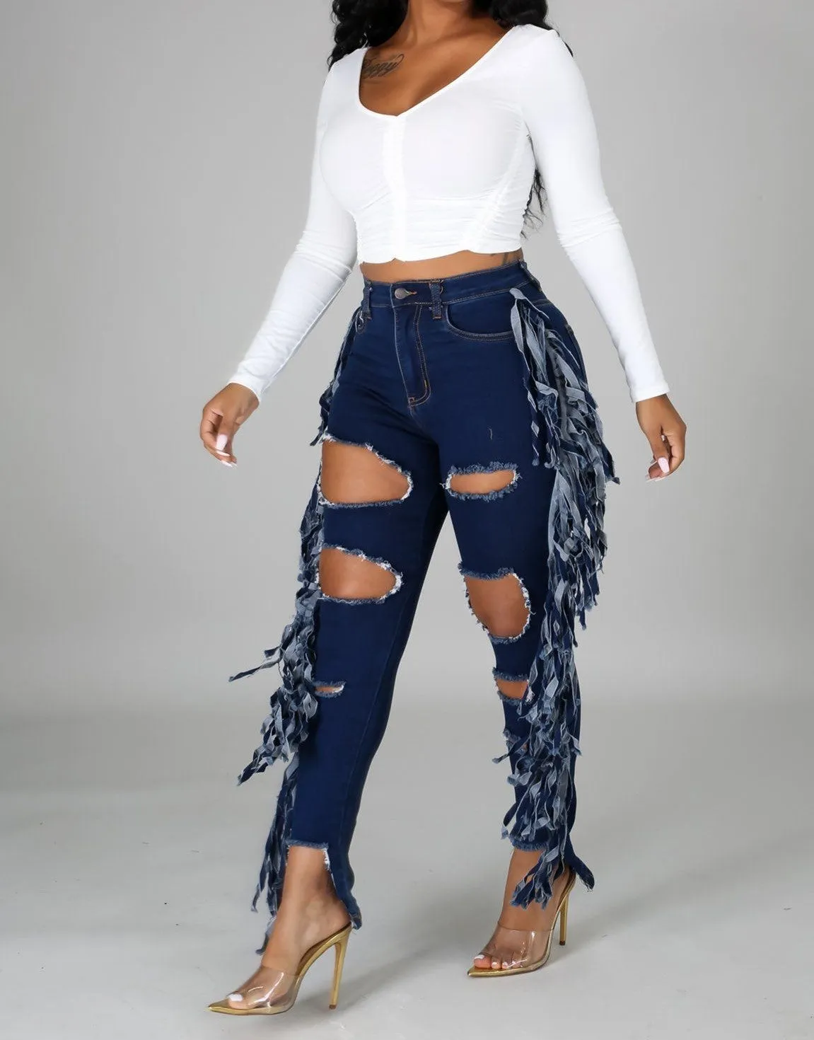 Denim Side Fringe Ripped Jeans