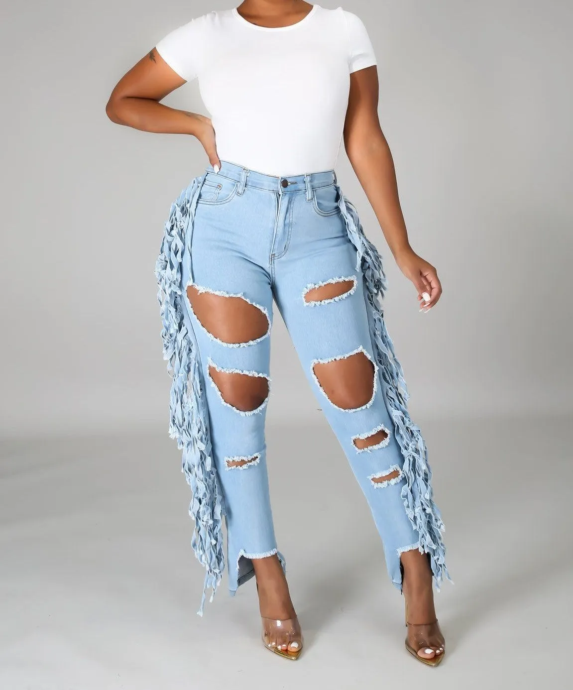 Denim Side Fringe Ripped Jeans