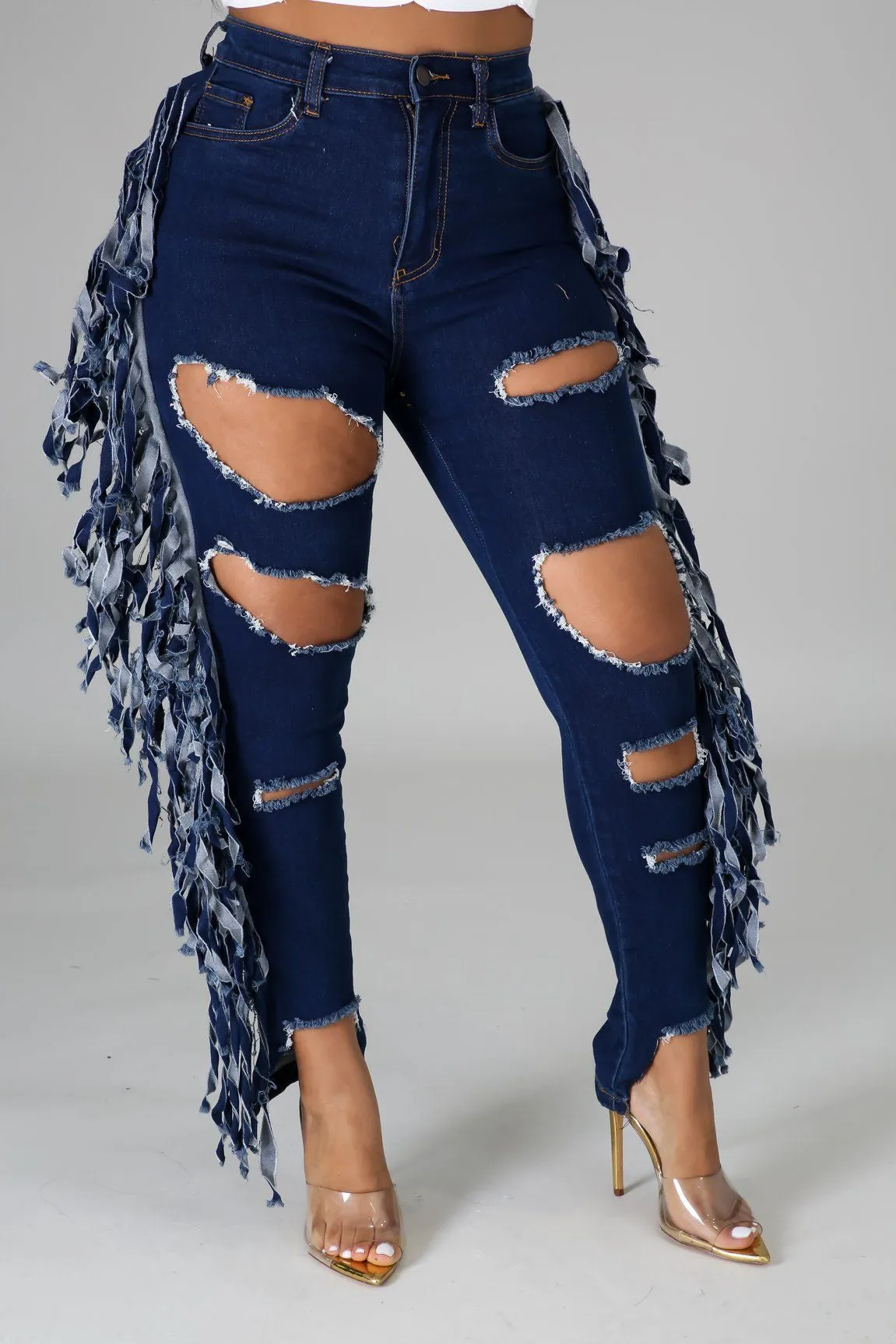 Denim Side Fringe Ripped Jeans