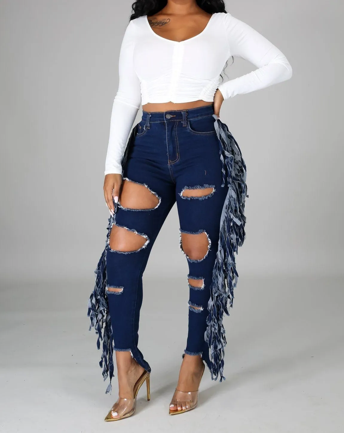 Denim Side Fringe Ripped Jeans