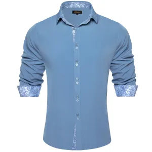DiBanGu Mens Dress Shirt Solid Arctic Blue Splicing Silk Button Down Shirt