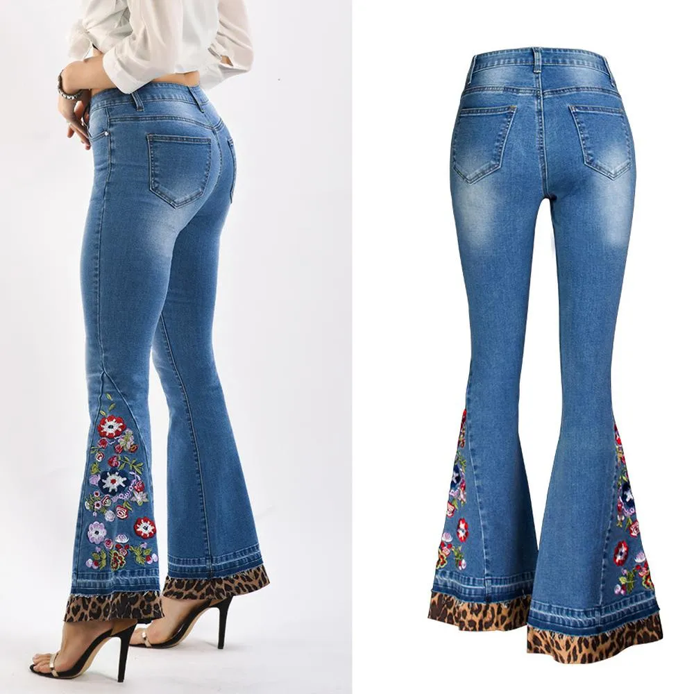 Flare High Waist Embroidery Leopard Patchwork Denim Pants
