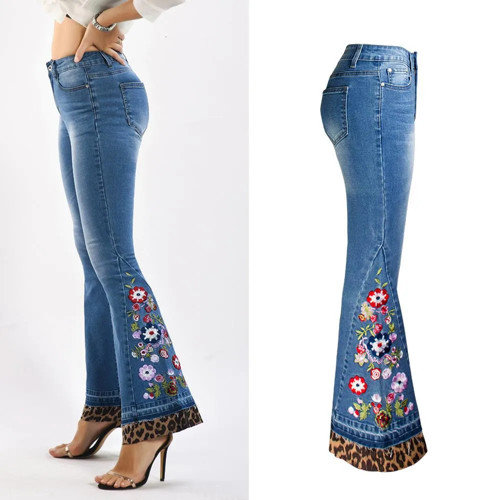 Flare High Waist Embroidery Leopard Patchwork Denim Pants
