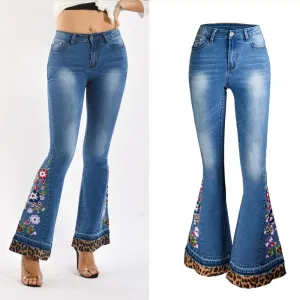 Flare High Waist Embroidery Leopard Patchwork Denim Pants