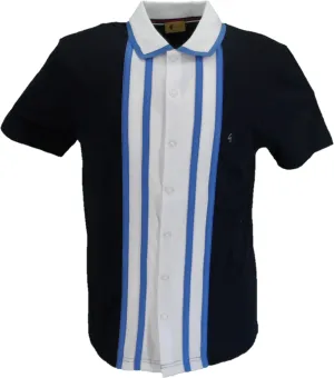 Gabicci Vintage Mens Navy Blue Button Up Striped Polo Shirt