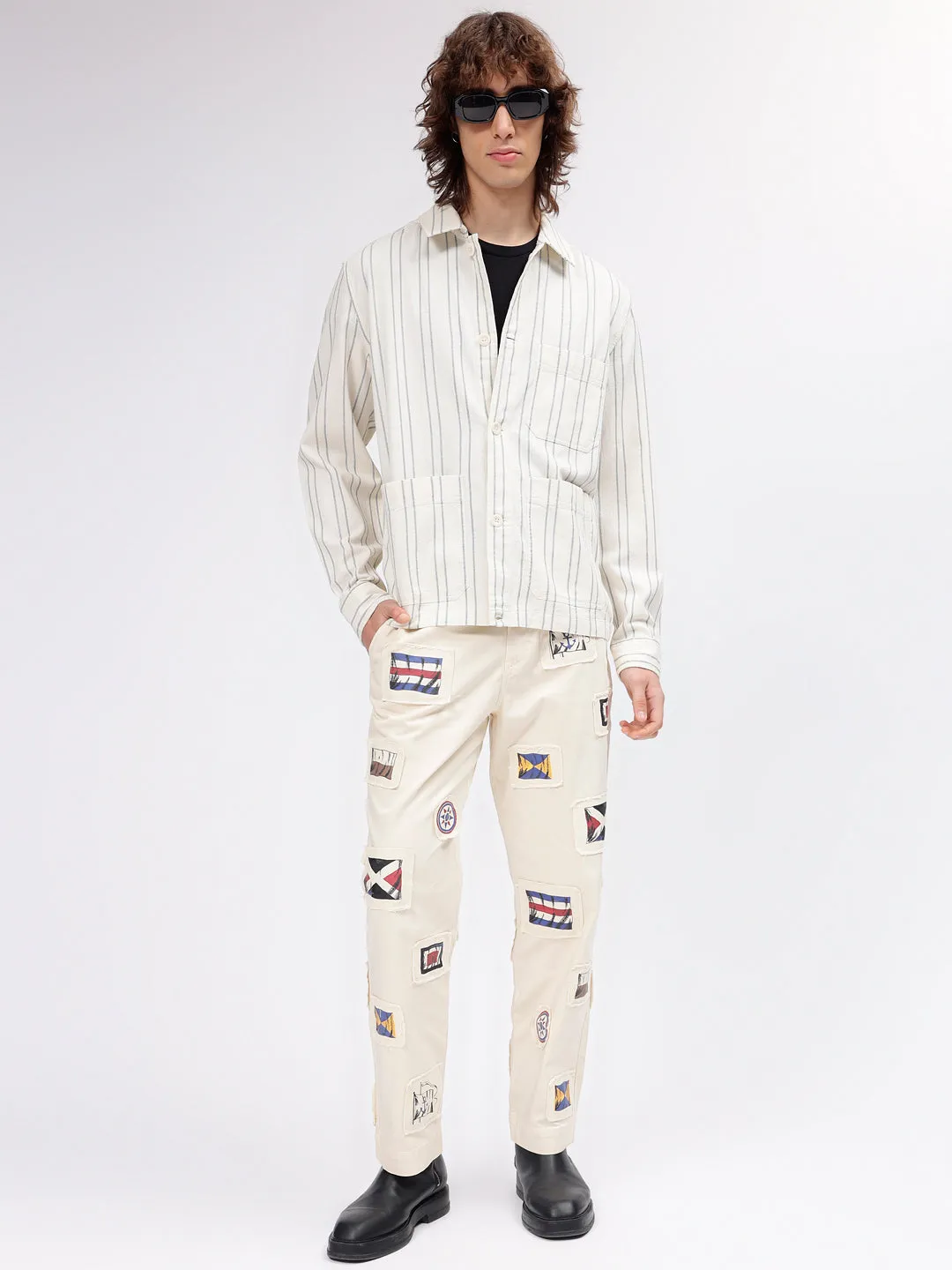 Gant Men Cream Striped Spread Collar Full Sleeves Shirt