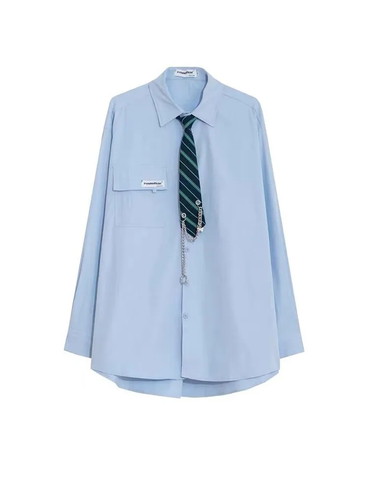 Gbolsos2022SS Ice Silk Long-sleeved Shirt Men Women Korean Hip Hop Trend Loose College Style All-match Shirt Preppy JK Blouse with Tie