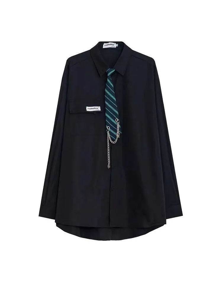 Gbolsos2022SS Ice Silk Long-sleeved Shirt Men Women Korean Hip Hop Trend Loose College Style All-match Shirt Preppy JK Blouse with Tie