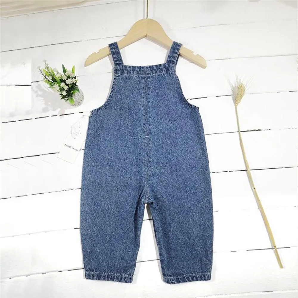 Girls Solid Color Pocket Denim Overalls Girl Loose Pants Wholesale
