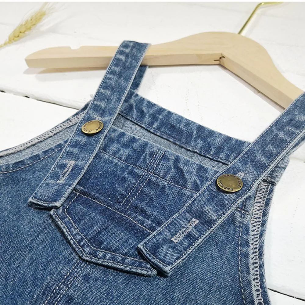 Girls Solid Color Pocket Denim Overalls Girl Loose Pants Wholesale