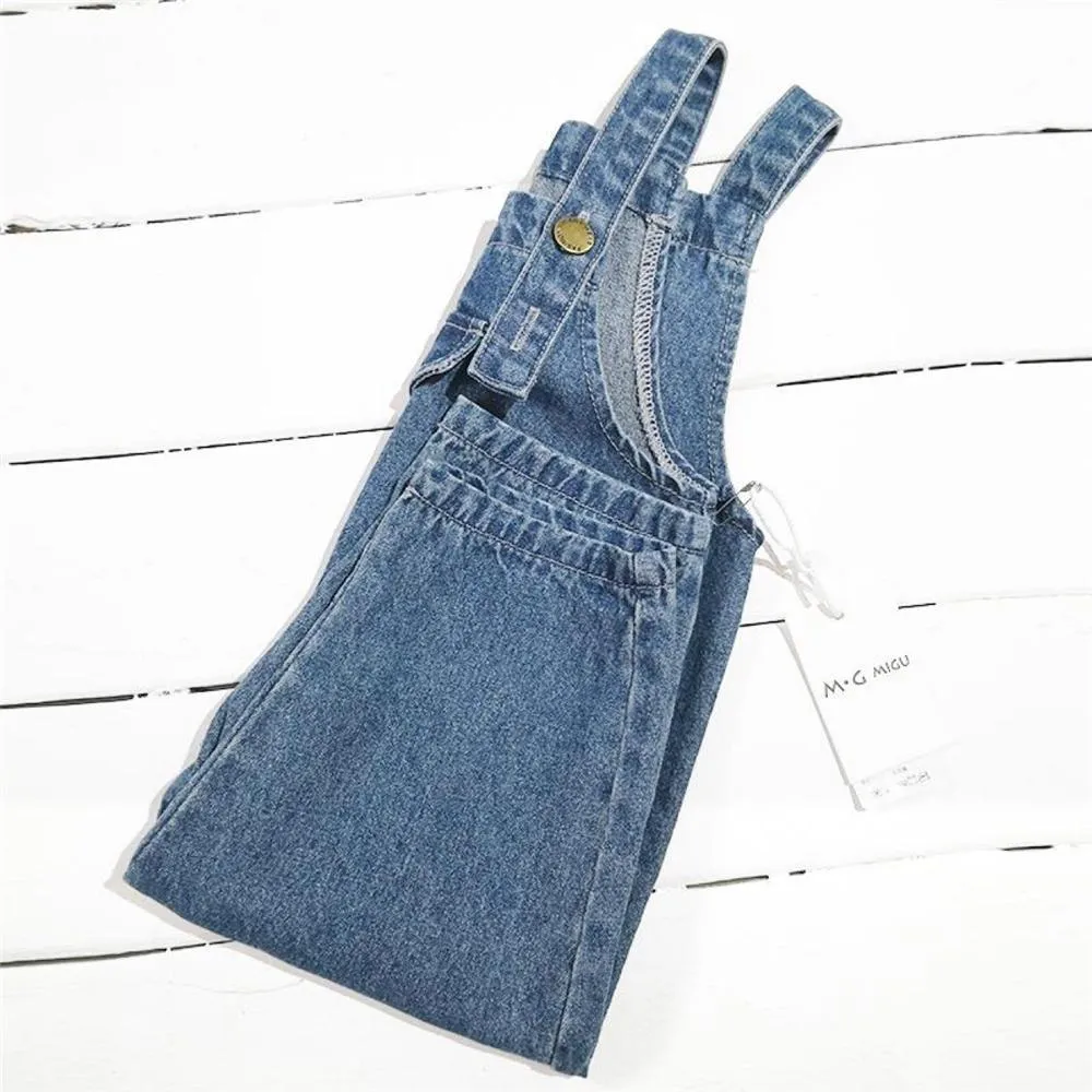 Girls Solid Color Pocket Denim Overalls Girl Loose Pants Wholesale