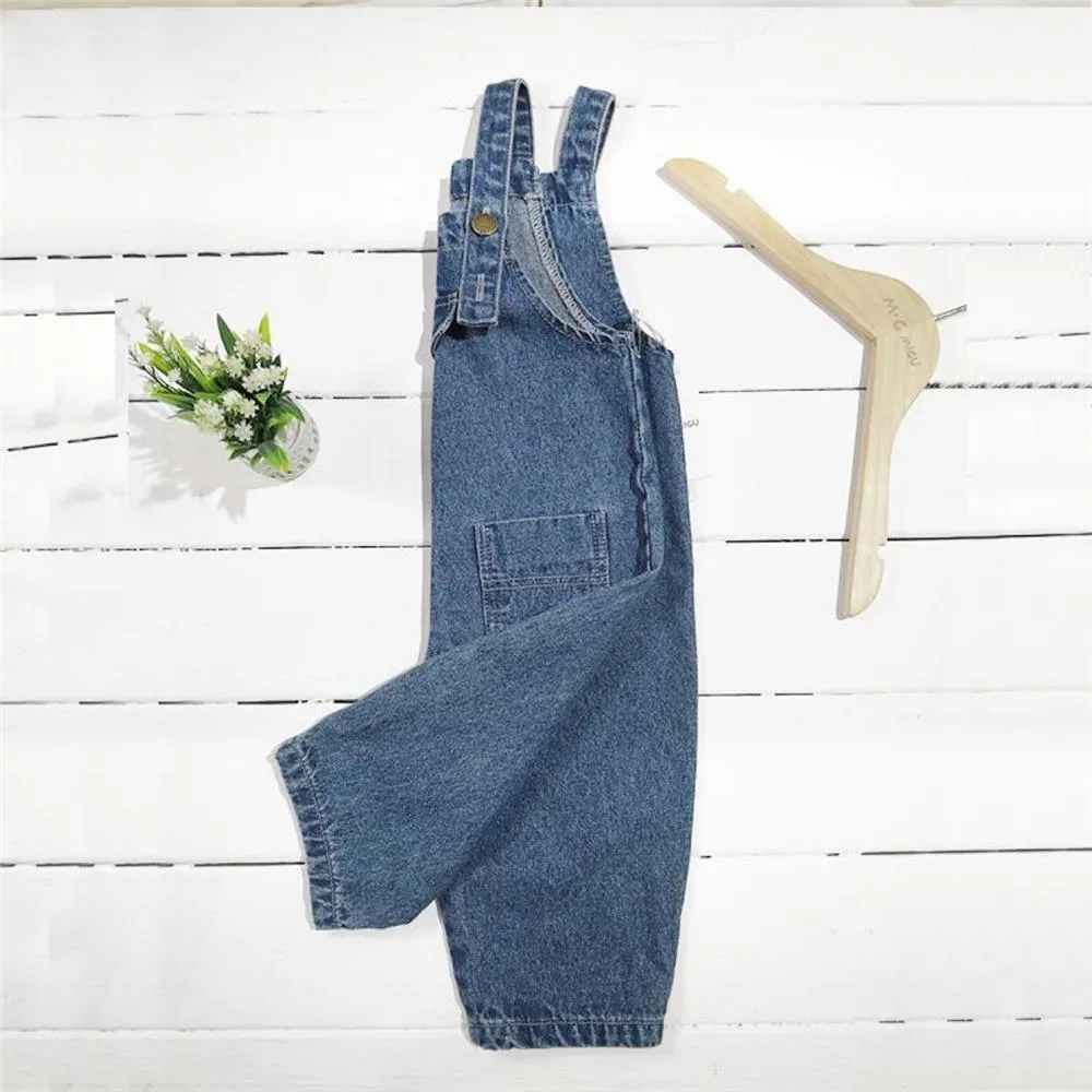 Girls Solid Color Pocket Denim Overalls Girl Loose Pants Wholesale