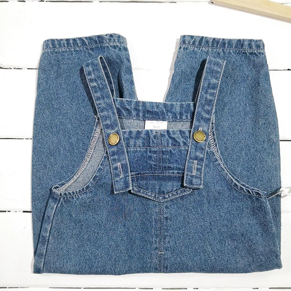 Girls Solid Color Pocket Denim Overalls Girl Loose Pants Wholesale