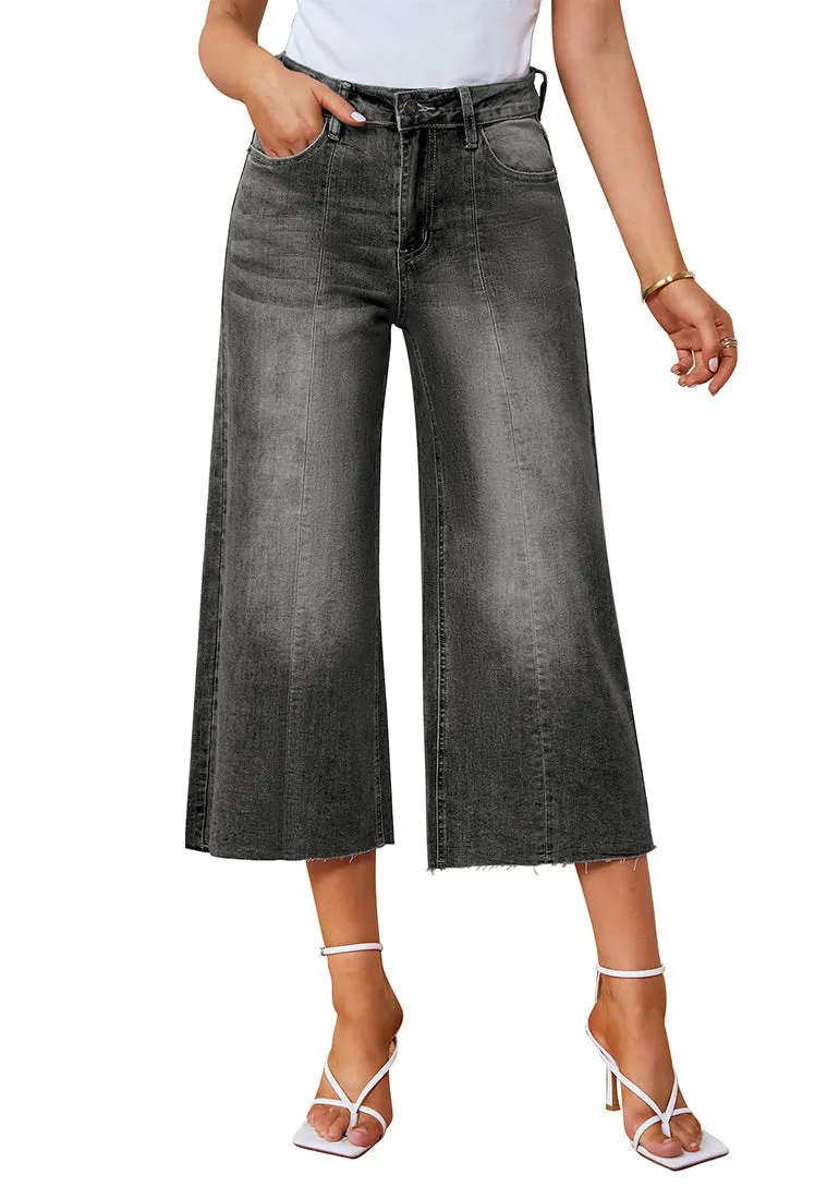 Gray Women's High Waisted Denim Capri Pants Seamed Front Raw Hem